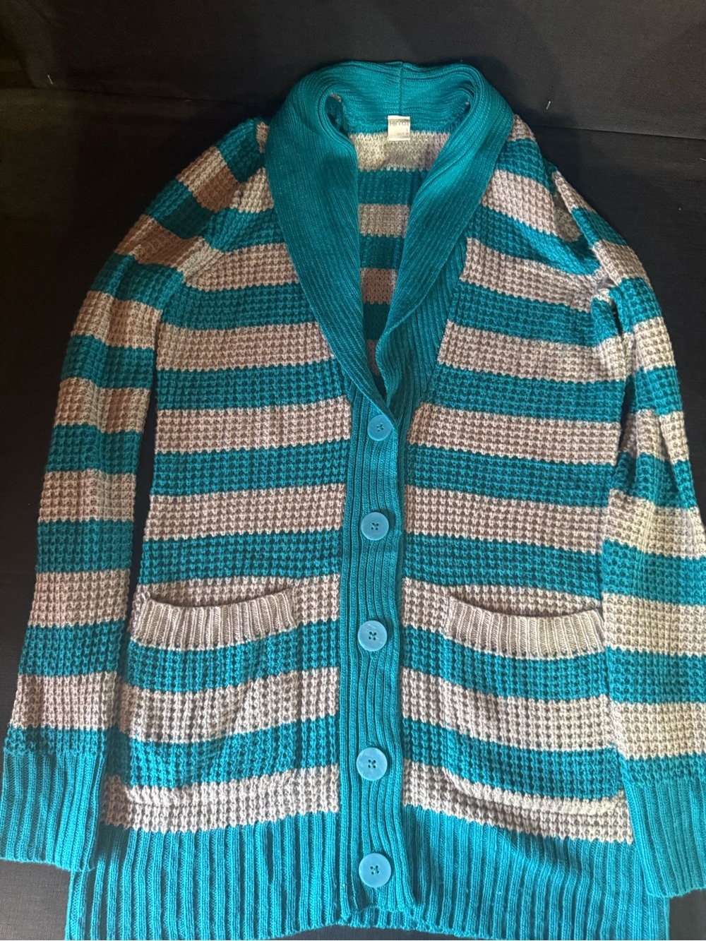 Kirra Teal and Beige Striped Shawl-Collar Button Cardigan
